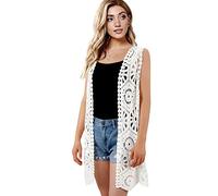 SMDPPWDBB Womens Floral Crochet Lace Boho Trim Sleeveless Open Front Vest Cardigan, White-020, One size