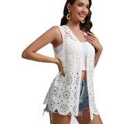 SMDPPWDBB Womens Floral Crochet Lace Boho Trim Sleeveless Open Front Vest Cardigan, White-030, One size