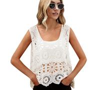 SMDPPWDBB Womens Floral Crochet Lace Boho Trim Sleeveless Open Front Vest Cardigan, White, One Size
