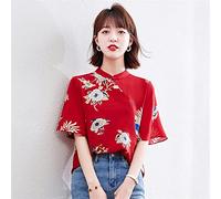 SMDSAZ Chinese Style Stand-up Collar Women Shirt Summer Improved Cheongsam Top Casual Retro Buckle Red Blouses Female (Color : Red, Size : L)