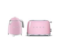 Smeg 50’s Style Retro Range Breakfast Set, 0.8L 1400W Mini Kettle and Multi-Functional Control 2-Slice 950W Toaster, Pastel Pink, KLF05PKUK/ TSF01PKUK