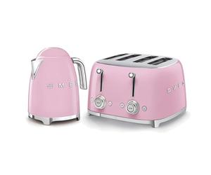Smeg 50’s Style Retro Range Breakfast Set, 1.7L 3000W Kettle and Multi-Functional Control 4-Slice 2000W Toaster, Pastel Pink, KLF03PKUK/ TSF03PKUK