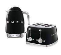 Smeg KLF04BLUK Jug Kettle with 7 Temperature Settings , 3KW, 1.7L & TSF03BLUK 4 Slice Toaster, Extra Wide Slots, Black