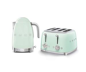 Smeg EEJB129 Jug Kettle with Acoustic Alarm, 3KW, 1.7L & Smeg 4 Slice Toaster, Extra Wide Slots, Pastel Green KLF04PGUK/TSF03PGUK