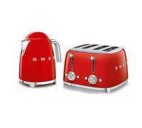 Smeg Kettle & 4-Slice Toaster Set, 50’s Style Retro, Stainless Steel, Red