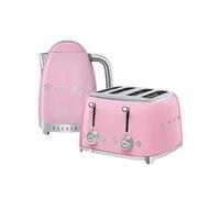 Smeg KLF04PKUK Jug Kettle with 7 Temperature Settings , 3KW, 1.7L & TSF03PKUK 4 Slice Toaster, Extra Wide Slots, Pink