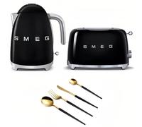 SMEG Kettle and Toaster Bundle with Free Lovii Cutlery Set black&glod