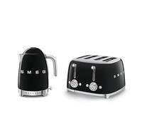 Smeg KLF04BLUK Jug Kettle with 7 Temperature Settings , 3KW, 1.7L & TSF03BLUK 4 Slice Toaster, Extra Wide Slots, Black