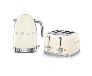 Smeg KLF04CRUK 1.7Ltr Variable Temperature Controlled Kettle and TSF03CRUK 4 Slice Toaster in Retro Cream