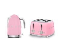 Smeg KLF04PKUK Jug Kettle with 7 Temperature Settings , 3KW, 1.7L & TSF03PKUK 4 Slice Toaster, Extra Wide Slots, Pink