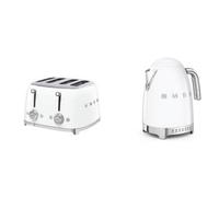 Smeg KLF04WHUK Jug Kettle with Acoustic Alarm, 3KW, 1.7L & Smeg TSF03WHUK 4 Slice Toaster, Extra Wide Slots, White
