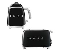 Smeg KLF05 Retro 50's Style Small Mini Kettle 0.8L & TSF03 Retro 4-Slice Toaster Set - Black