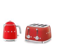 Smeg KLF05 Retro 50's Style Small Mini Kettle 0.8L & TSF03 Retro 4-Slice Toaster Set - Red