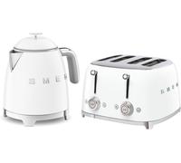 Smeg 50’s Style Retro Range Breakfast Set, 0.8L 1400W Mini Kettle and Multi-Functional Control 4-Slice 2000W Toaster, White, KLF05WHUK/ TSF03WHUK