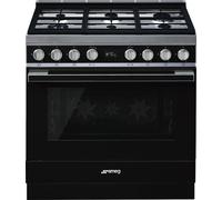Smeg Portofino CPF9GPBL 90cm Dual Fuel Range Cooker with Gas Hob and Pyrolytic Cleaning - Black - A+ Rated, Black