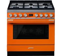 Smeg Portofino CPF9GPOR 90cm wide Dual Fuel Range Cooker with Gas Hob and Pyrolytic Cleaning - Orange - A+ Rated, Orange
