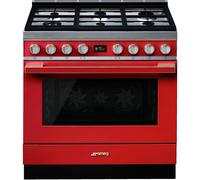 Smeg Portofino CPF9GPR 90cm Dual Fuel Range Cooker with Gas Hob and Pyrolytic Cleaning - Red - A+ Rated, Red