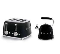 Smeg WKF01, TSF03 Whistling Stovetop Kettle & 4-Slice Toaster Set in Black
