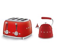 (Red) Smeg WKF01 Whistling Stovetop Kettle & TSF03 4-Slice Toaster Bundle
