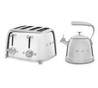 (Stainless Steel) Smeg WKF01 Whistling Stovetop Kettle & TSF03 4-Slice Toaster Bundle
