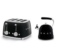 Smeg WKF01 Whistling Stovetop Kettle & TSF03 4-Slice Toaster Bundle - Black