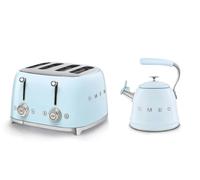 Smeg WKF01 Whistling Stovetop Kettle & TSF03 4-Slice Toaster Bundle - Pale Blue
