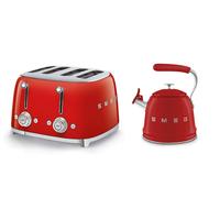 Smeg WKF01 Whistling Stovetop Kettle & TSF03 4-Slice Toaster Bundle - Red
