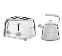 Smeg WKF01 Whistling Stovetop Kettle & TSF03 4-Slice Toaster Bundle - Stainless Steel