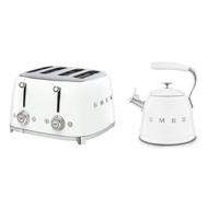 Smeg WKF01 Whistling Stovetop Kettle & TSF03 4-Slice Toaster Bundle - White