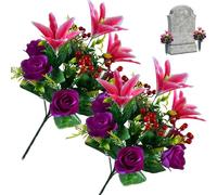 SMELEYOU 2 Bundles Artificial Flowers For Graves 17.3'' Grave Flowers 12 Heads Cemetery Rose and Lily Memorial Silk for Graves Headstones Grave Decorations Style 2
