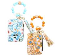 SMELEYOU 2 Pcs Beaded Wallet with Keychain Boho Style Floral Wristlet Wallet Silicone Bead Bracelet Purse Set for Women Style 2