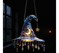 SMELEYOU 2D Flat Witch Hat Lamp Stained Glass Halloween Decoration Acrylic Halloween Witch Hat Lamp Window Hanging Sun Catcher for Wall Decor
