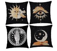SMELEYOU 4Pcs Boho Pillow Covers 18x18 Inch, Zipper Gothic Sun Moon Tarot Themed Square Decorative Pillow Covers for Couch Sofa Living Room, Style 2