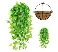 SMELEYOU Artificial Plants Indoor 2pcs/Set Hanging Plant 105cm Artificial Green Vine Plants and Brown Basket Simulation Hanging Trailing Plants for Decorations Green Home Decoration