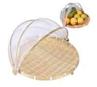 SMELEYOU Bamboo Basket, Dustproof Fruit Basket with Cover Visible Brethable Mesh Food Covers Portable Round Food Tent ideal for Home Vegetable Fruits Bread