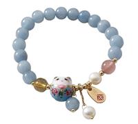 SMELEYOU Feng Shui Bracelet with Blue Cat Charm Lucky Cat Jewelry for Women Ceramic Bracelet for Good Fortune & Protection