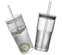 SMELEYOU Glass with Lid and Straw 2Pcs Cold Cups with Lids and Glass Straws Clear Glass Coffee Cups Striped Bubble Tea Cups Juice Glass Milk Drinking Cups 600ML
