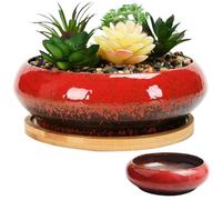 SMELEYOU Lotus Bowl Planter for Lotus Flower Seeds Ceramic Glazed Plant Pots Indoor Round Bonsai Pot Decorative Shallow Hydroponic Planter without Drain for Water Lily, Red
