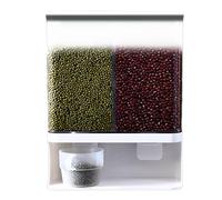 SMELEYOU Rice Dispenser Wall Mounted 3000ml Rice Container PP Heavy Duty Storage with Lid and Cup Punch-free Sealed Waterproof Transparent Beans Cereal Bucket, 2 Compartment