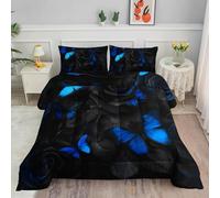 Smell Sunshine Comforter Set Blue and Black Rose Butterfly Printed Bedding Set 1 Comforter and 2 Pillowcases for Girls Boys Bedroom All Season(Rose Butterfly Twin)