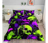 Smell Sunshine Comforter Set Green Purple Skull Printed Bedding Set with 1 Comforter and 2 Pillowcases for Girls Boys Bedroom All Season(Green Purple Skull Twin)