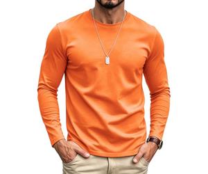SMENG Men's Loungewear Long Sleeve Tee, Pure Cotton Relaxed Fit Top, Comfortable Loose Sleep Shirt for Home & Layering Orange M