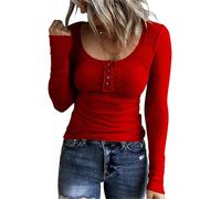 SMENG Women's Jumpers Ribbed Knit Henley Button Down Womens Jumpers Slouch Ladies Longline Jumpers UK Work T Shirts for Women Red Size 20-22 XXL