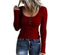 SMENG Womens Jumpers Slim Fit Long Sleeve Henley UK Womens Clothes Ladies Round Neck Jumpers Spring Tops for Women UK Wine Red Size 20-22 XXL