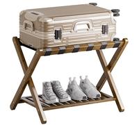 SMIBUY Luggage Rack, Foldable Bamboo Suitcase Stand with Storage Shelf for Guest Room, Bedroom, Hotel, Heavy-Duty (Walnut)