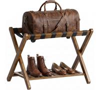 SMIBUY Luggage Rack, Foldable Bamboo Suitcase Stand with Storage Shelf for Guest Room, Bedroom, Hotel, Heavy-Duty (Walnut)