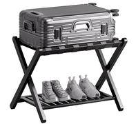 SMIBUY Luggage Rack, Foldable Bamboo Suitcase Stand with Storage Shelf for Guest Room, Bedroom, Hotel, Heavy-Duty (Black)