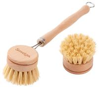 Smidge Natural Beechwood Dish Brush Set, Wooden Dish Brushes for Washing Up, Includes One Cleaning Wand with Head and One Spare Head