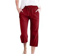 SMIDOW Capri Pants for Women Casual 2023 Summer Drawstring Elastic High Waist Linen Pant Straight Wide Leg Cropped Trouser, #07 Red, Large