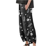 SMIDOW Capri Pants for Women Cotton Linen Wide Leg Capris Casual Summer Cropped Pants Beach Elastic Waist Baggy Crop Trousers, #010 Black, Large